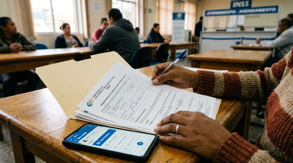 Mãos femininas com tom de pele pardo segurando documentos médicos e uma caneta, com o celular ao lado mostrando o aplicativo Meu INSS aberto na tela voltada para ela. Representa o momento de reunir documentação para solicitar o benefício.
