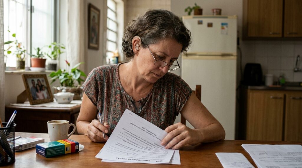 Mulher com aparelho auditivo visível, sentada em uma mesa com expressão concentrada, olhando para um papel com anotações. Representa a diversidade de deficiências e perfis de mulheres que podem ter direito ao BPC.