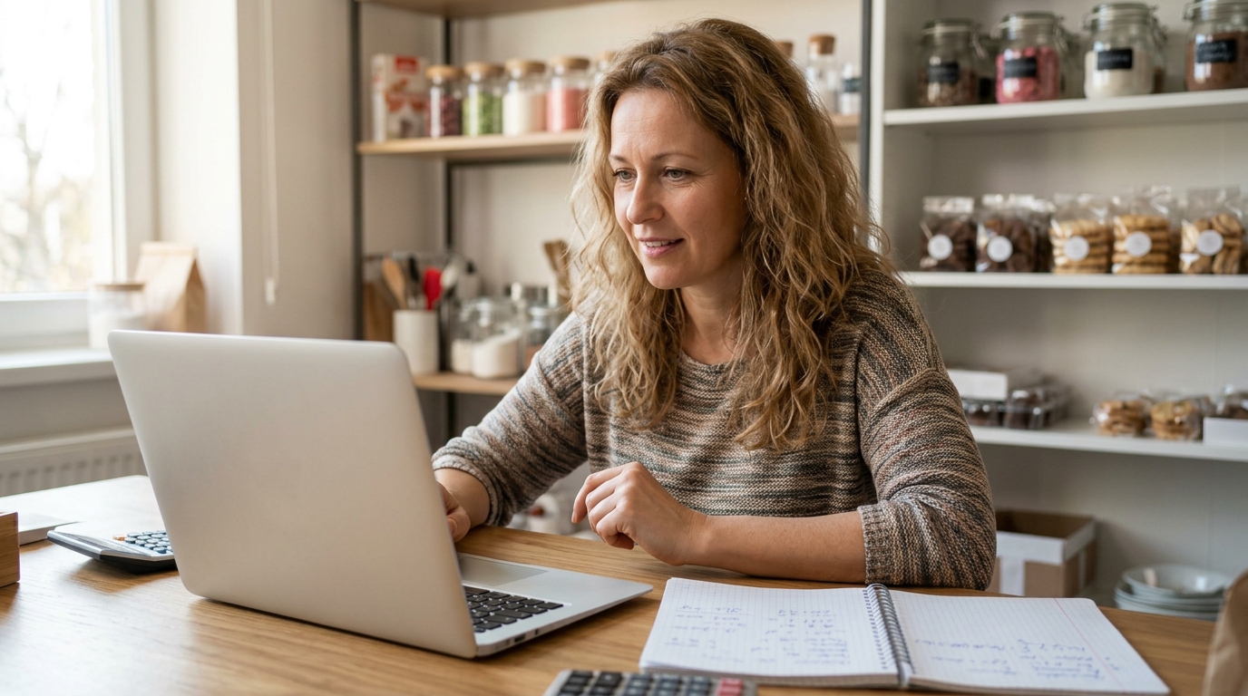 Imagem 3
Cena: Duas mulheres sentadas frente a frente em uma mesa de trabalho simples e organizada. Uma delas, de pele clara e cabelos ondulados castanhos, tem um notebook aberto com a tela voltada para as duas e aponta algo com uma caneta, com expressão explicativa. A outra, de pele escura e cabelos naturais presos, escuta com atenção e tem um caderno no colo. A cena sugere uma conversa entre empreendedora e contadora sobre planejamento financeiro diante das mudanças no MEI.
Alt text sugerido: Mulher MEI conversando com contadora sobre planejamento para o possível aumento do limite de faturamento.