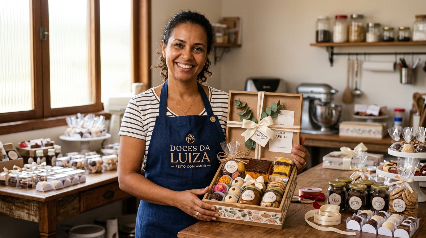Mulher empreendedora de confeitaria MEI sorrindo com seus produtos artesanais