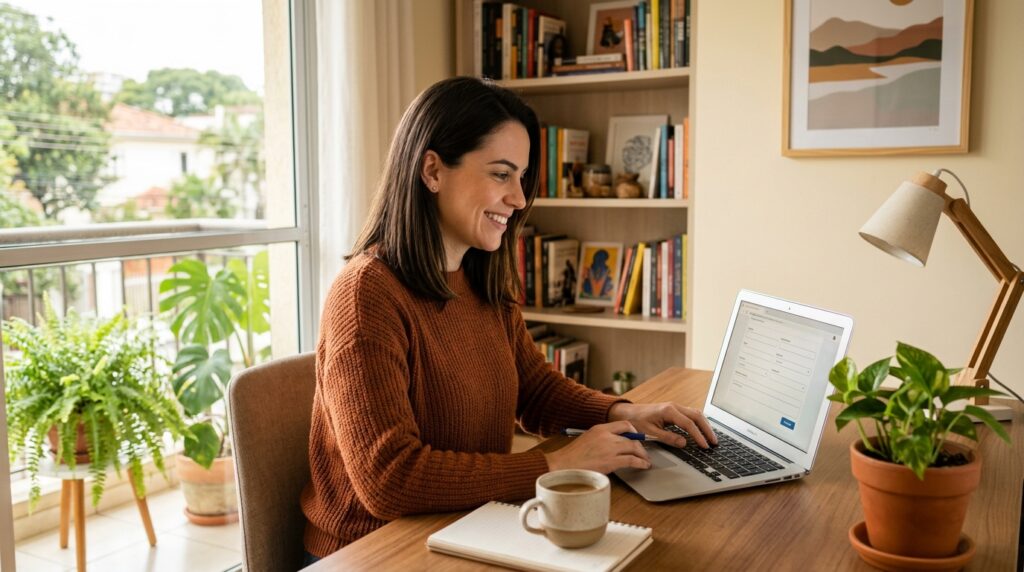Mulher empreendedora fazendo a declaração anual MEI no computador em casa