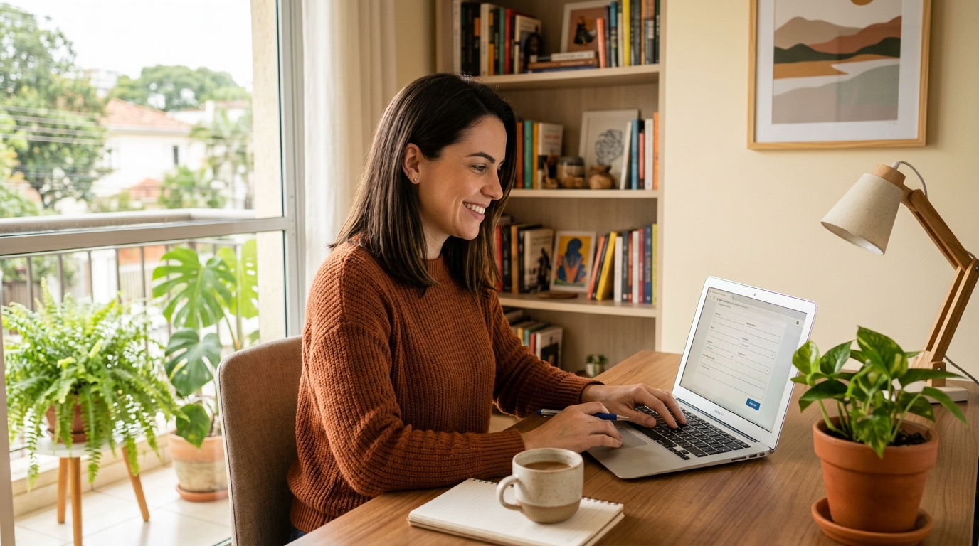 Mulher empreendedora fazendo a declaração anual MEI no computador em casa