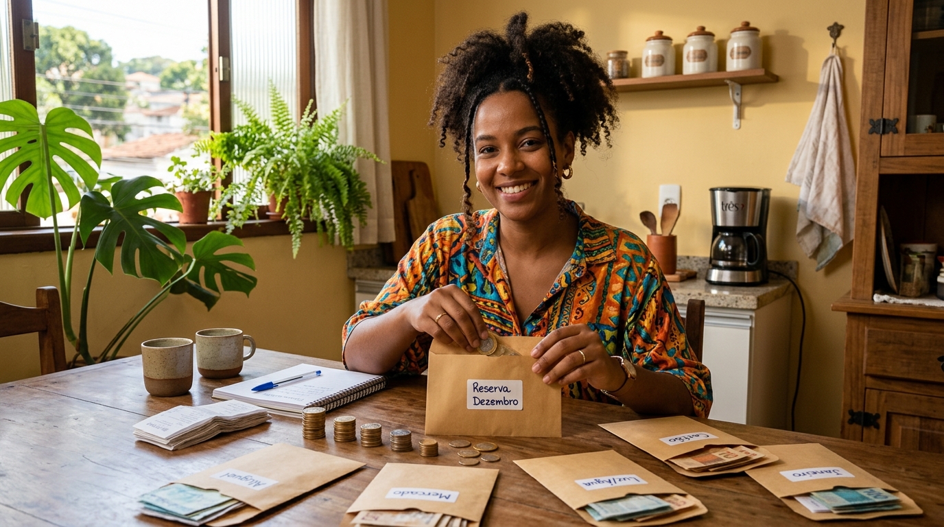 Empreendedora negra jovem organizando envelopes com reserva financeira de dezembro na mesa da cozinha com luz natural