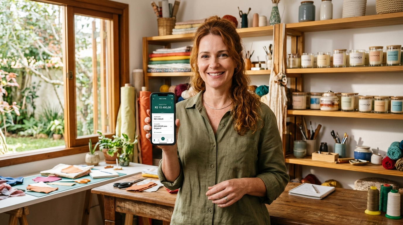 Empreendedora branca de cabelos avermelhados em ateliê artesanal mostrando app de poupança no celular com satisfação