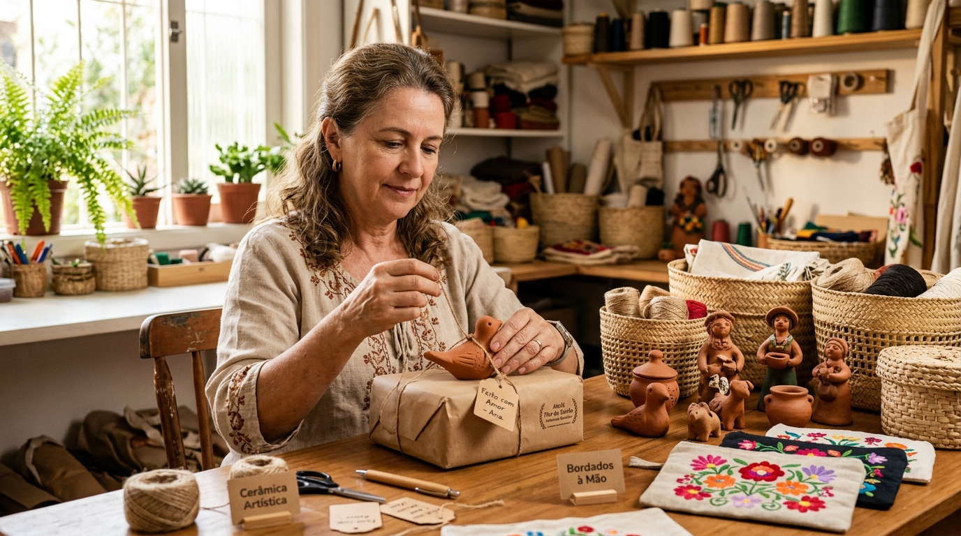 Artesã MEI embalando peça artesanal para enviar pedido do marketplace Shopee ou Elo7