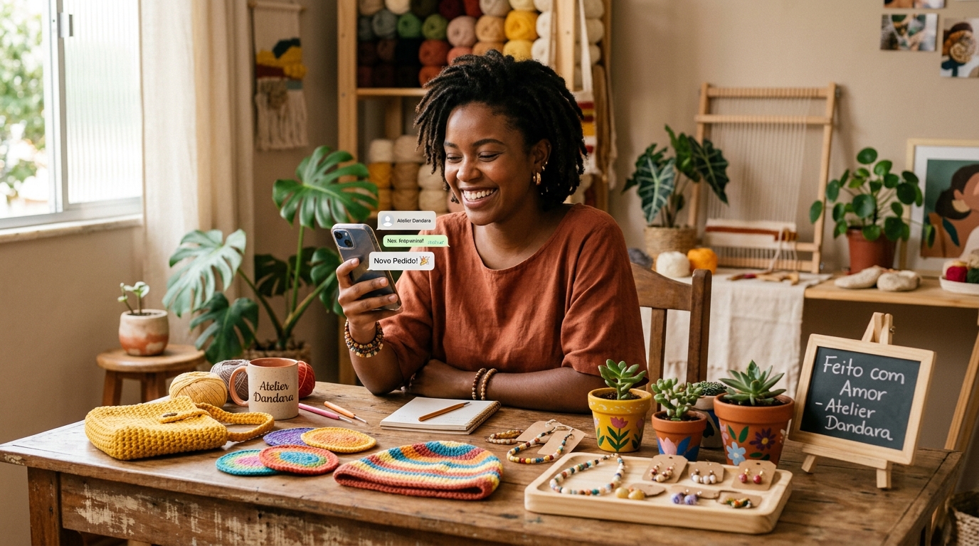 Artesã MEI sorrindo ao receber pedido online no celular, com peças artesanais à frente