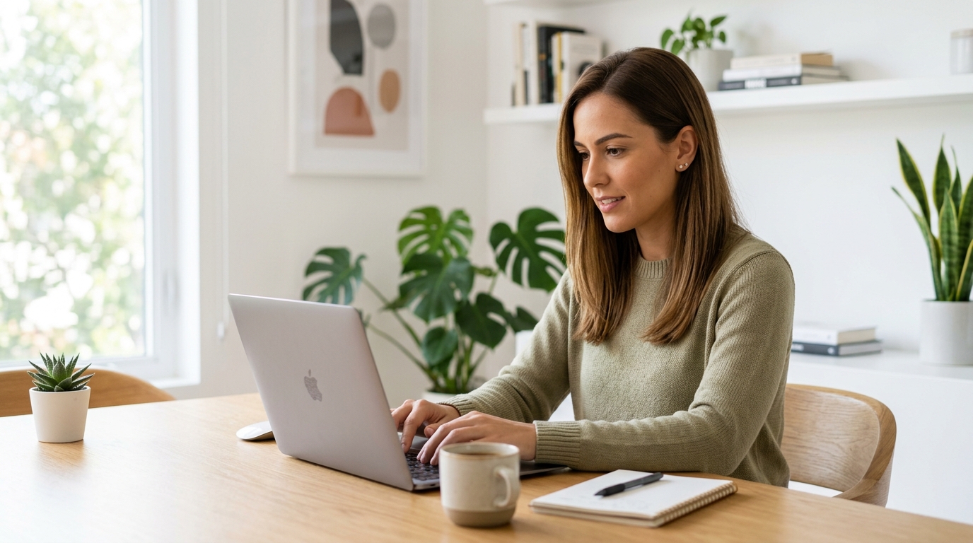 Mulher branca de cabelos castanhos usando laptop para regularizar débitos do DAS MEI no portal do empreendedor