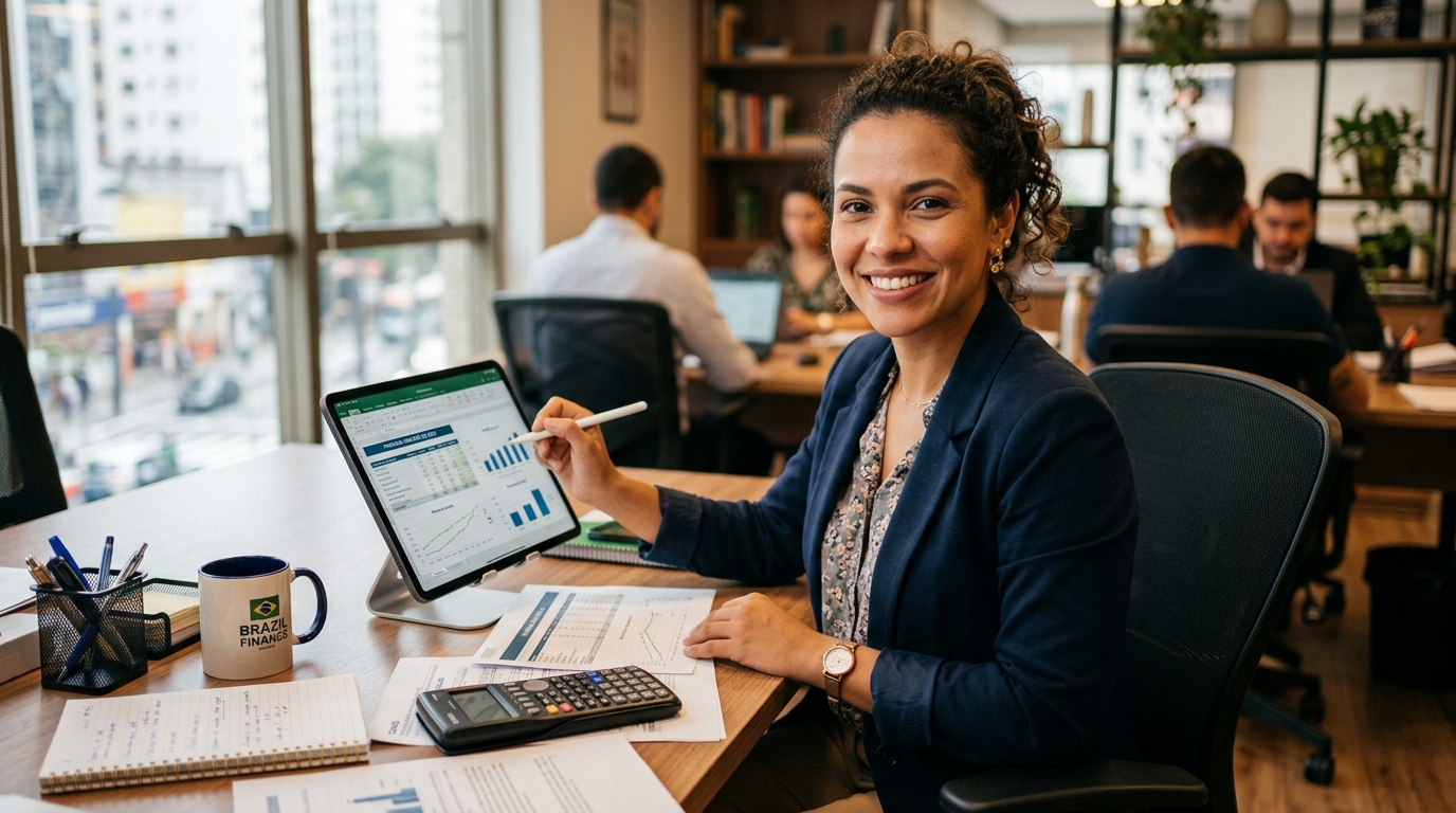 Empreendedora parda revisando planilhas financeiras do MEI no tablet com sorriso de confiança em mesa de trabalho