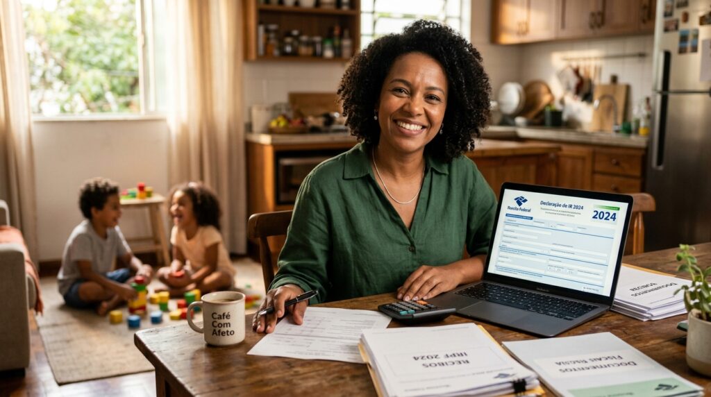 Empreendedora negra organizando documentos do imposto de renda com filhos ao fundo e sorrindo para a câmera