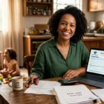 Empreendedora negra organizando documentos do imposto de renda com filhos ao fundo e sorrindo para a câmera