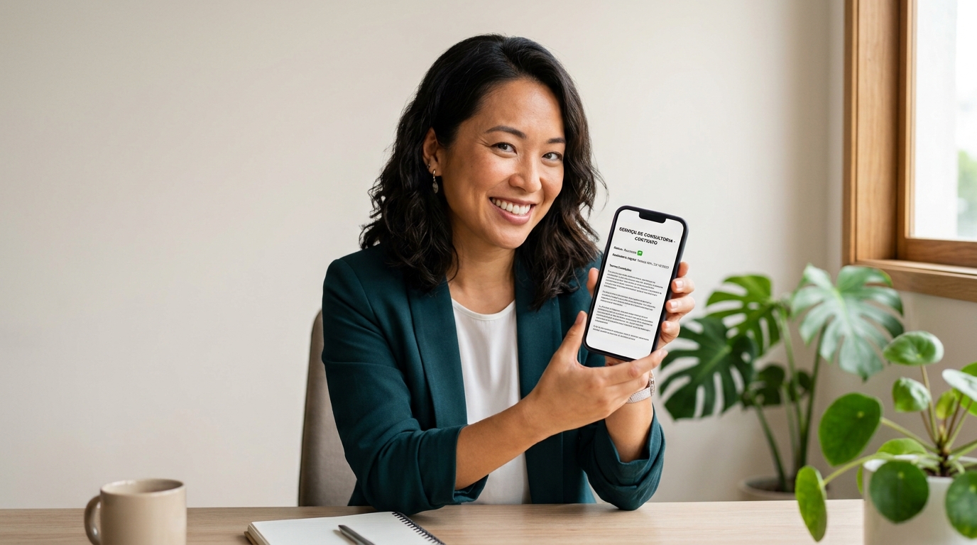Empreendedora MEI asiática-brasileira revisando contrato de show no smartphone satisfeita