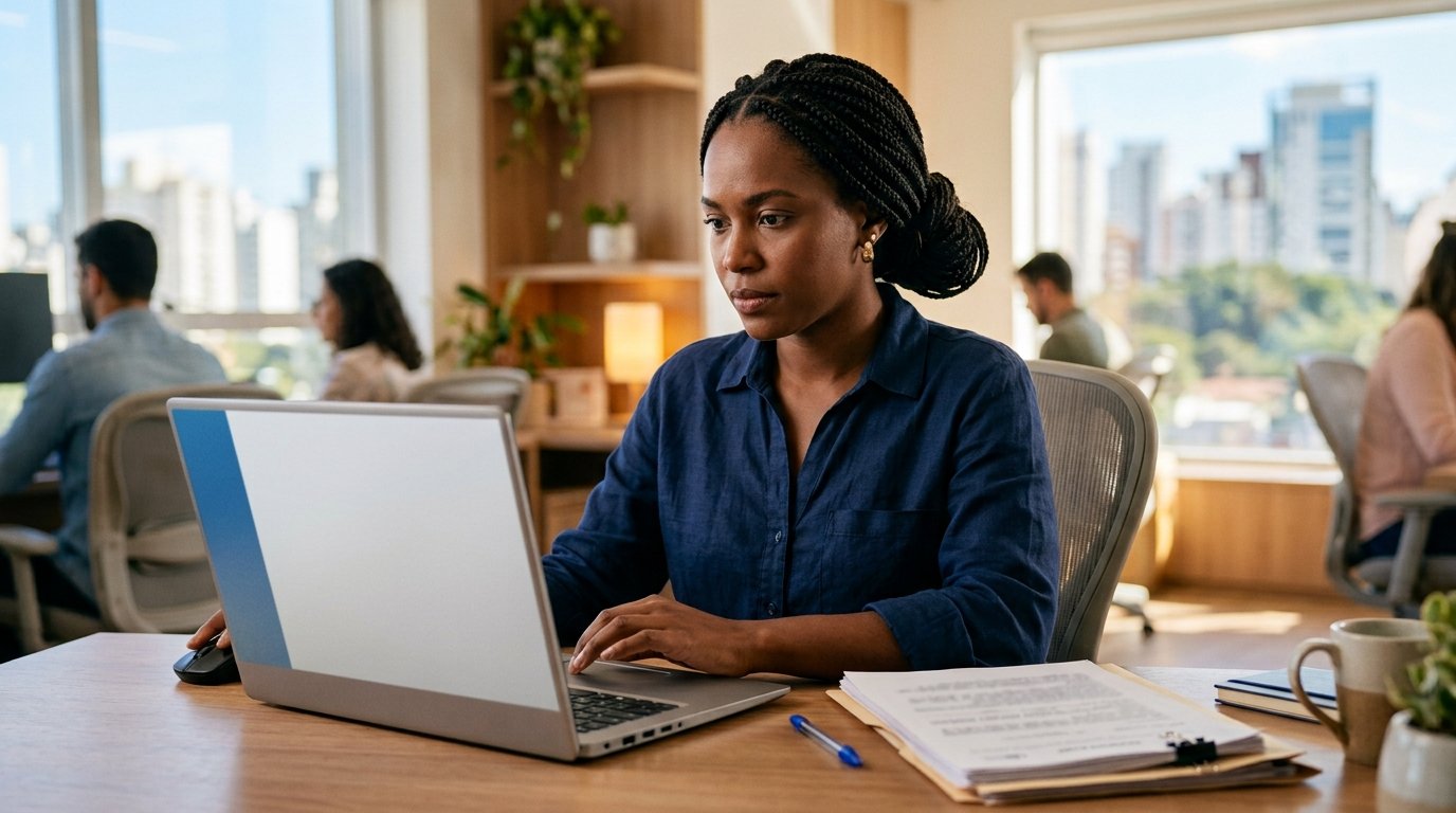 Empreendedora negra acessando o portal do governo no computador para realizar cadastro no SICAF como fornecedora