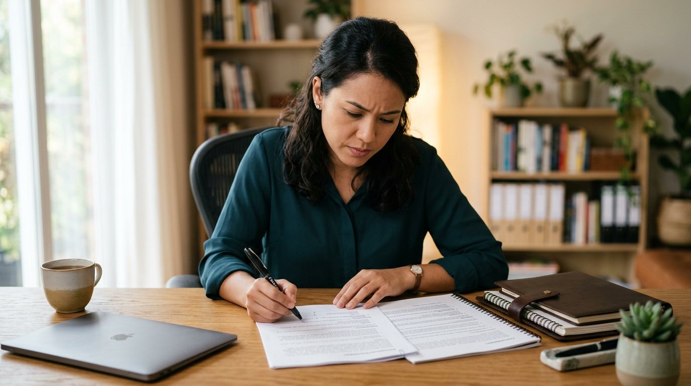 Empreendedora branca analisando edital de licitação pública na mesa de trabalho com documentos organizados