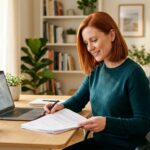 Empreendedora ruiva consultando documentos de licitação pública no computador
