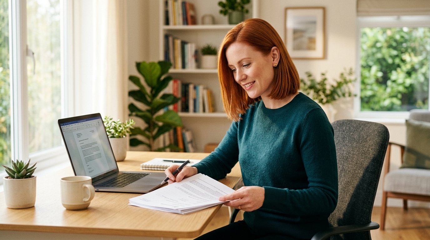 Empreendedora ruiva consultando documentos de licitação pública no computador