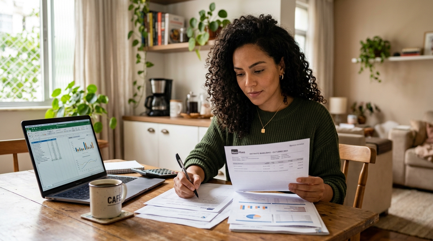 Empreendedora parda analisando documentos financeiros para financiamento MEI Minha Casa Minha Vida à mesa com laptop