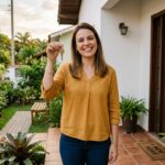 Mulher branca de cabelos castanhos sorrindo na porta de casa nova após financiamento MEI Minha Casa Minha Vida
