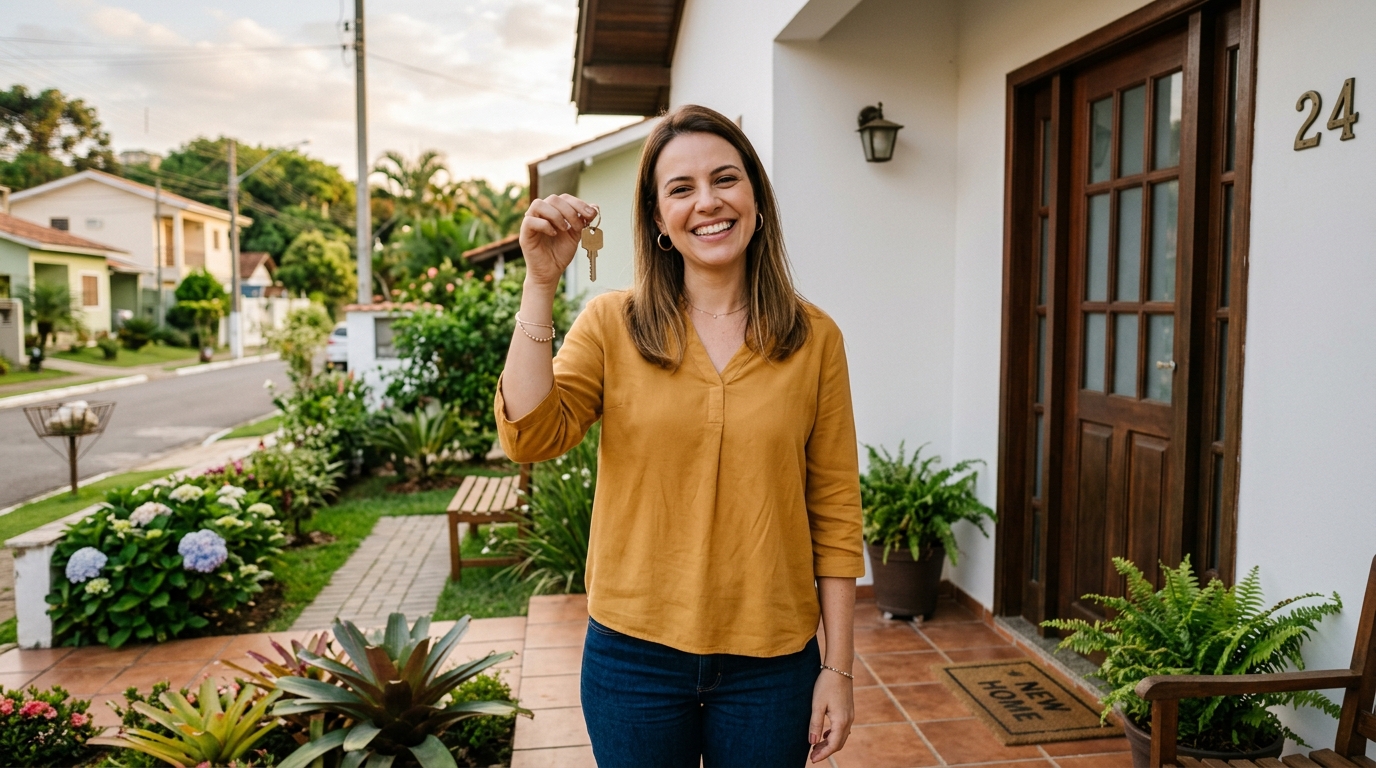Mulher branca de cabelos castanhos sorrindo na porta de casa nova após financiamento MEI Minha Casa Minha Vida