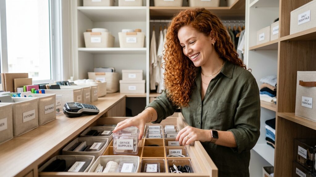 Personal organizer MEI sorrindo em ambiente organizado e profissional
