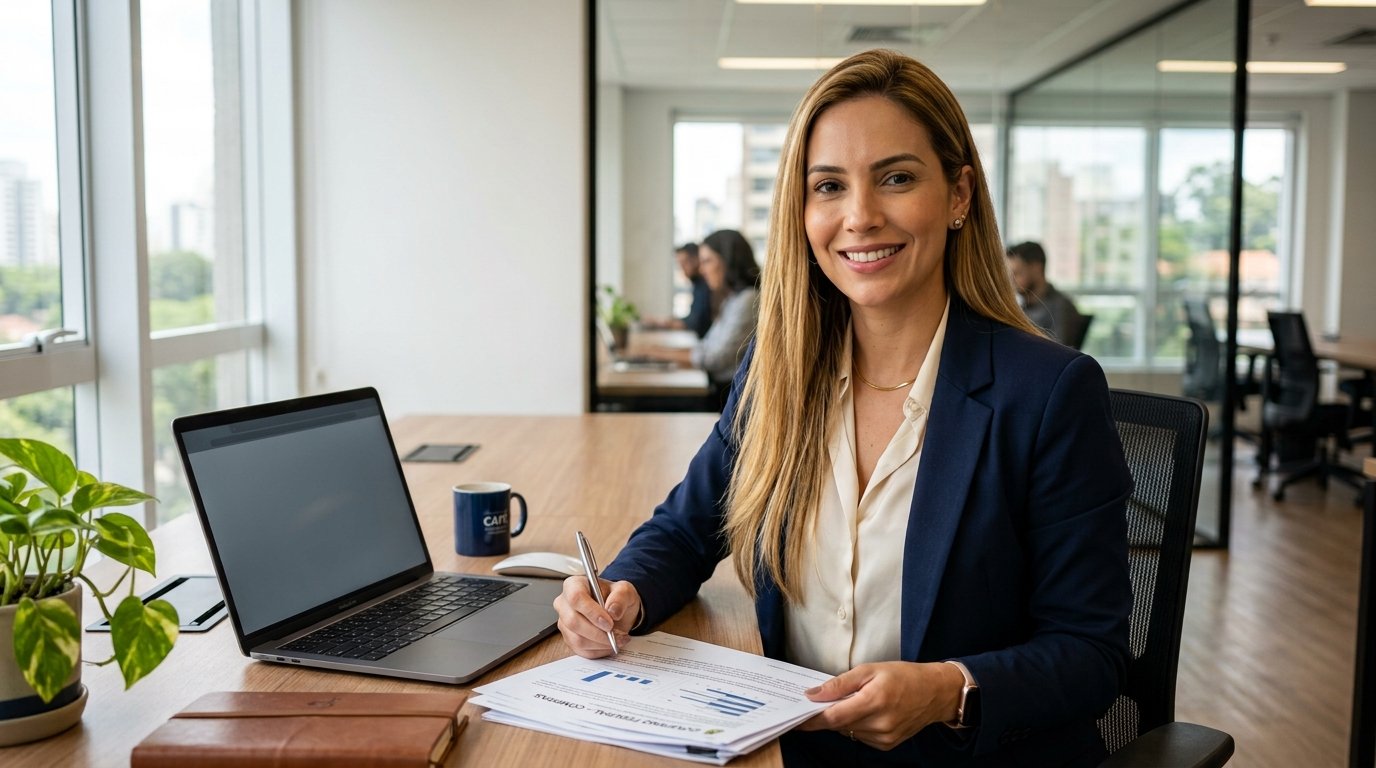 Empreendedora loira com traços latinos analisando documentos sobre MEI pode vender para prefeitura sem licitação