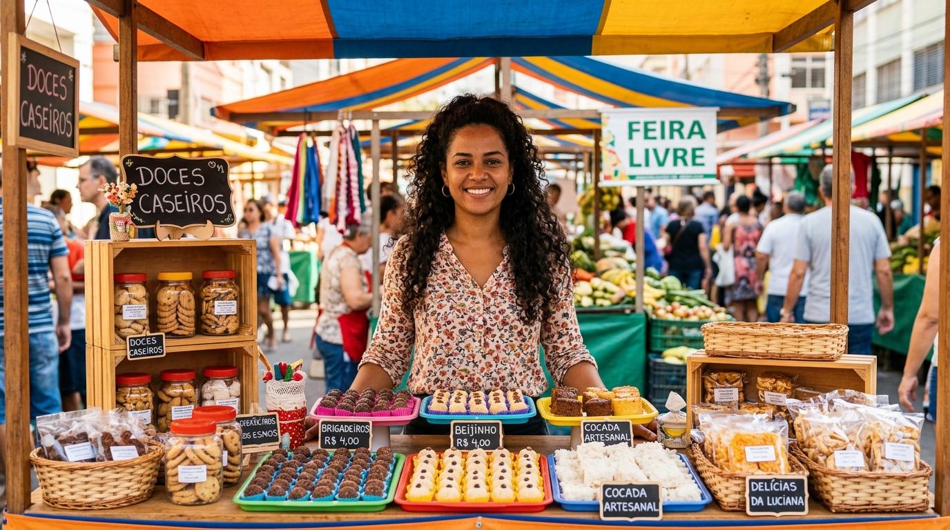 Empreendedora MEI vendendo comida artesanal em feira livre