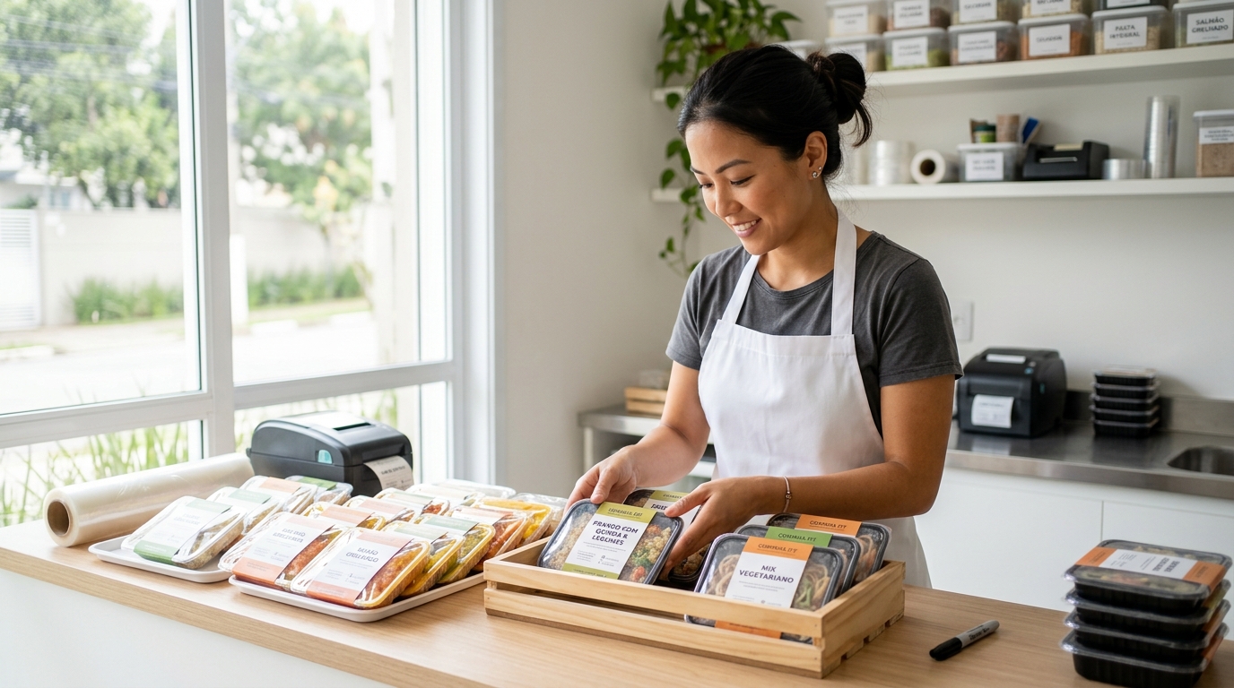 Empreendedora MEI organizando alimentos artesanais para venda na feira