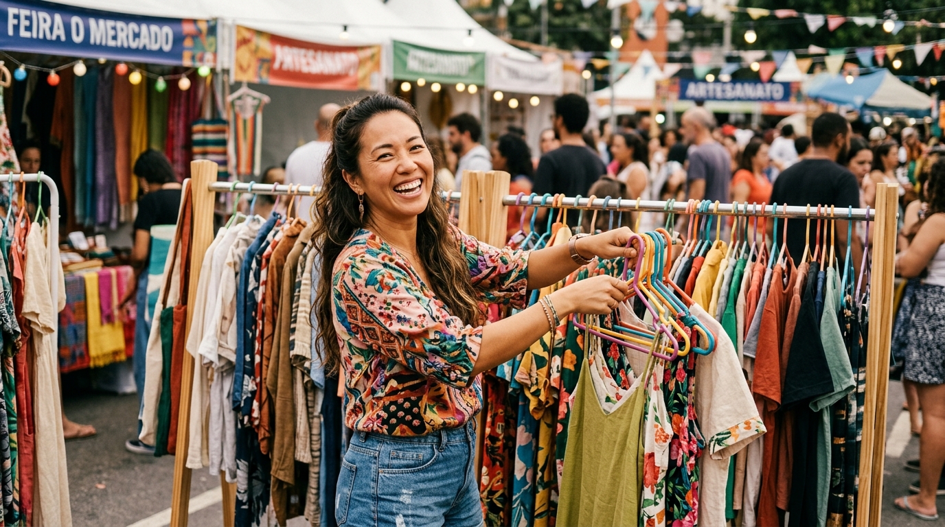 Empreendedora asiática-brasileira sorrindo com sacolas de roupas ao registrar seu negócio como revendedora MEI