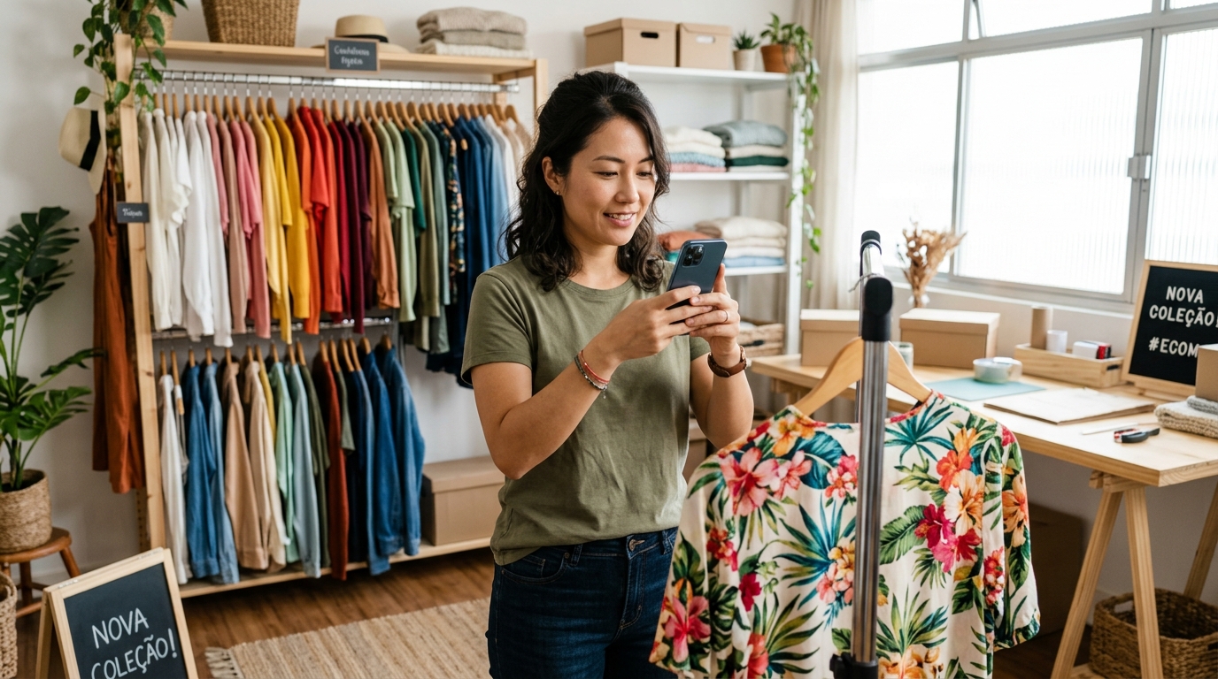 Revendedora MEI loira fotografando roupas com smartphone para venda online