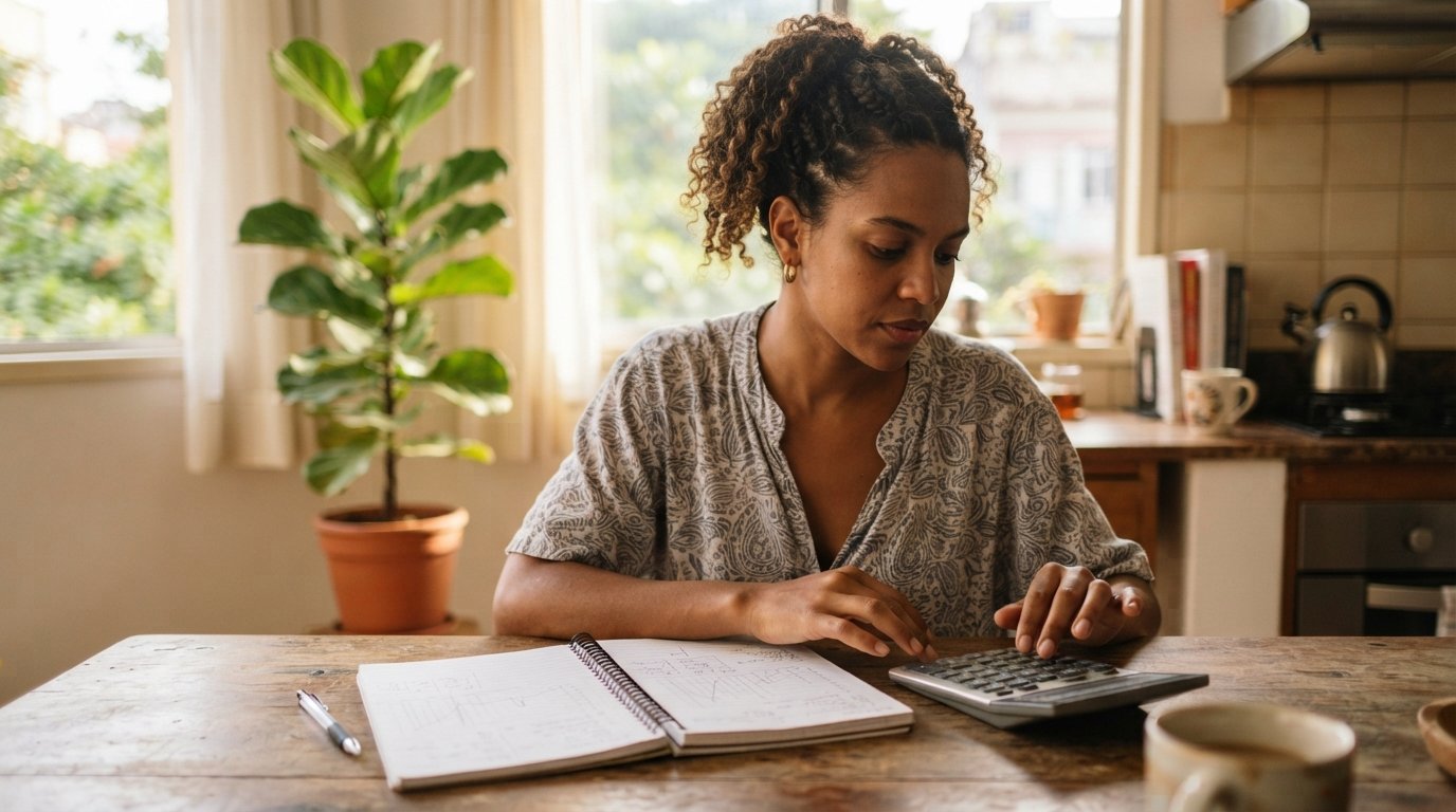 Mulher negra calculando a parcela tributável do lucro do MEI numa calculadora
