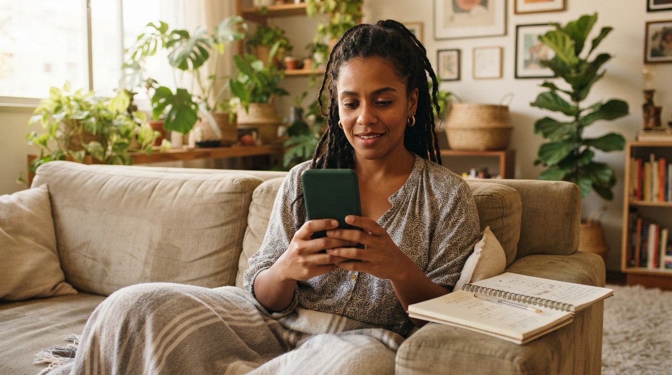 Mulher negra conferindo no celular os tipos de cobertura de um seguro de vida