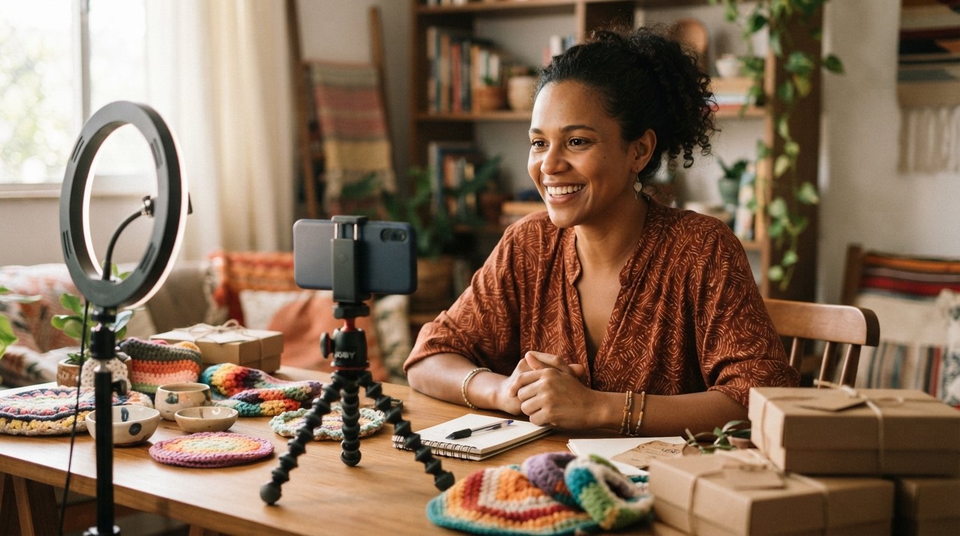 Empreendedora MEI parda gravando vídeo para vender no TikTok Shop, produtos organizados à frente