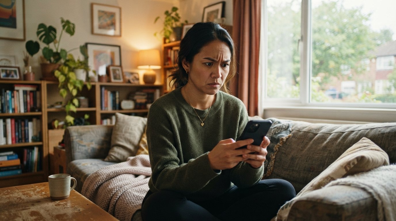 Empreendedora asiática brasileira desconfiada olhando SMS suspeito no celular sobre cancelamento do CNPJ