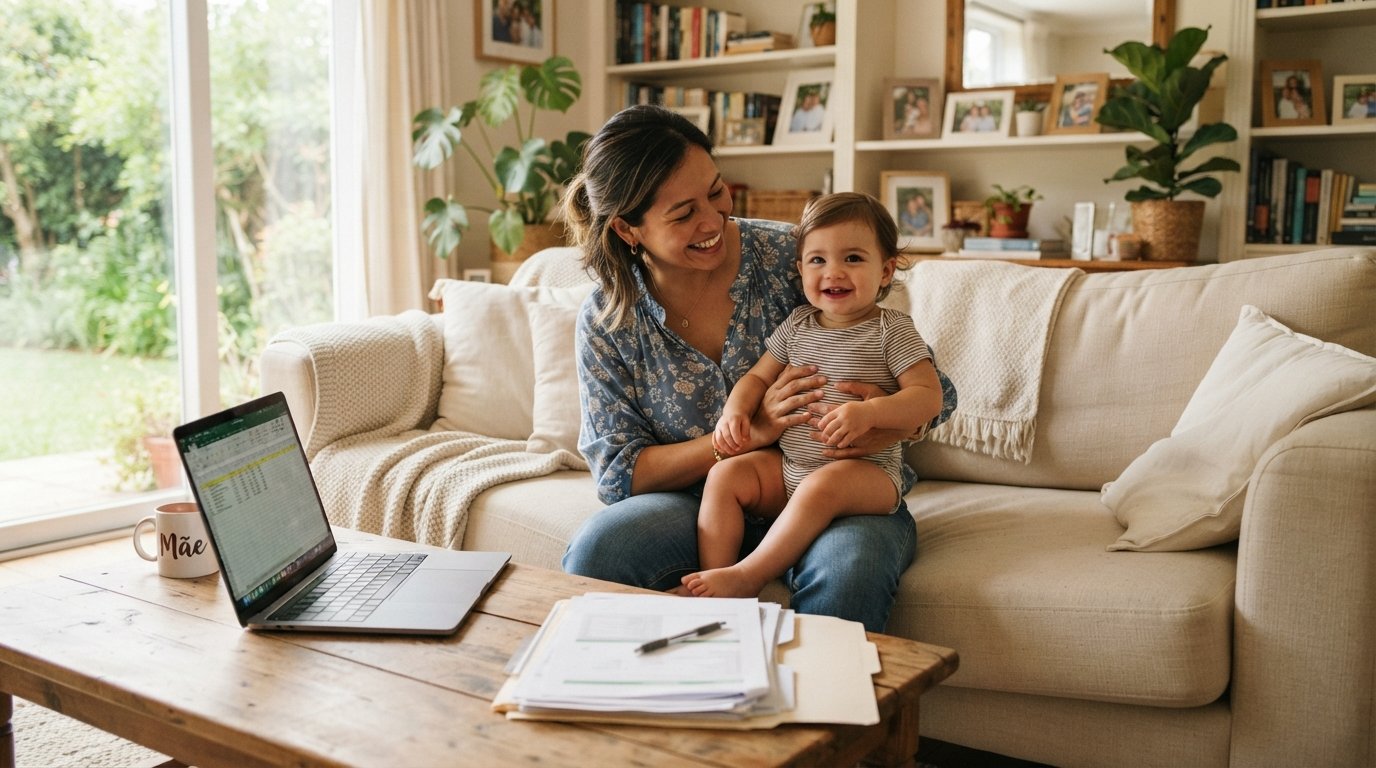 Empreendedora asiática brasileira sorrindo com o filho pequeno no colo, pensando na vaga da creche