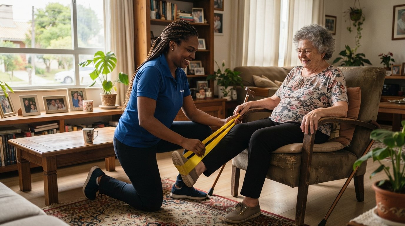 Fisioterapeuta negra realizando atendimento domiciliar de home care com paciente idosa em casa