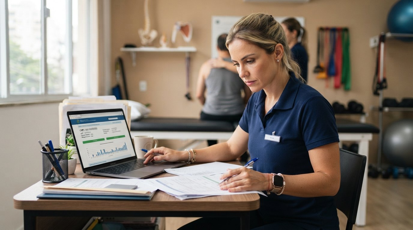 Fisioterapeuta loira de traços latinos analisando abertura de CNPJ no notebook dentro do consultório