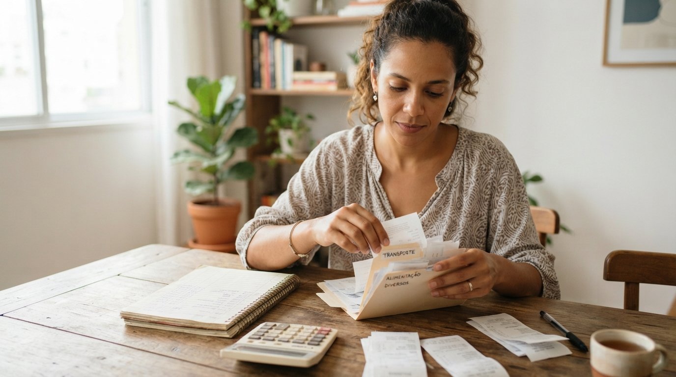 Empreendedora parda organizando notas e recibos de despesas do negócio em uma pasta