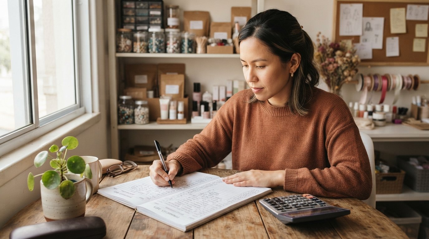Empreendedora asiática-brasileira preenchendo planilha de controle de despesas do MEI