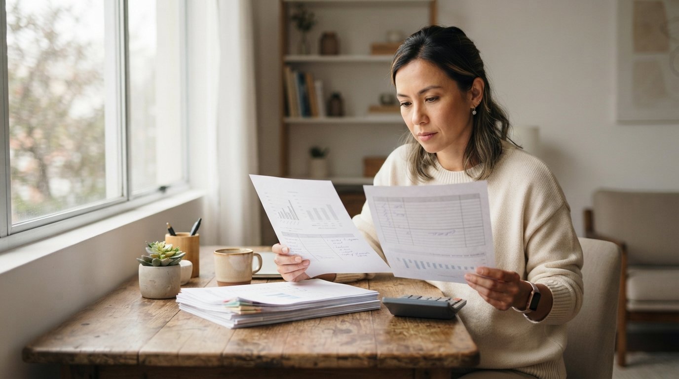 Empreendedora asiática-brasileira comparando valores de imposto de renda conjunto e separado