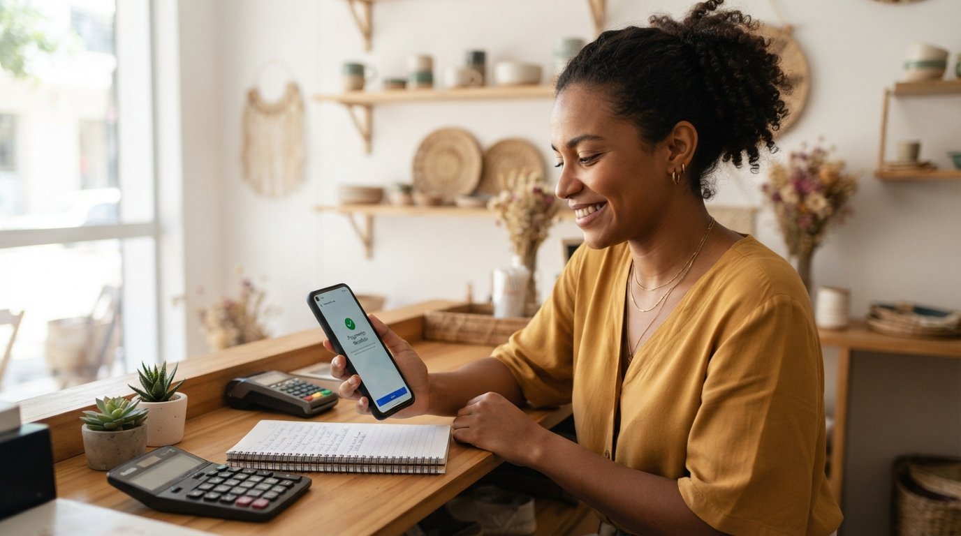 Empreendedora negra conferindo pagamento recebido por PIX no celular durante o trabalho