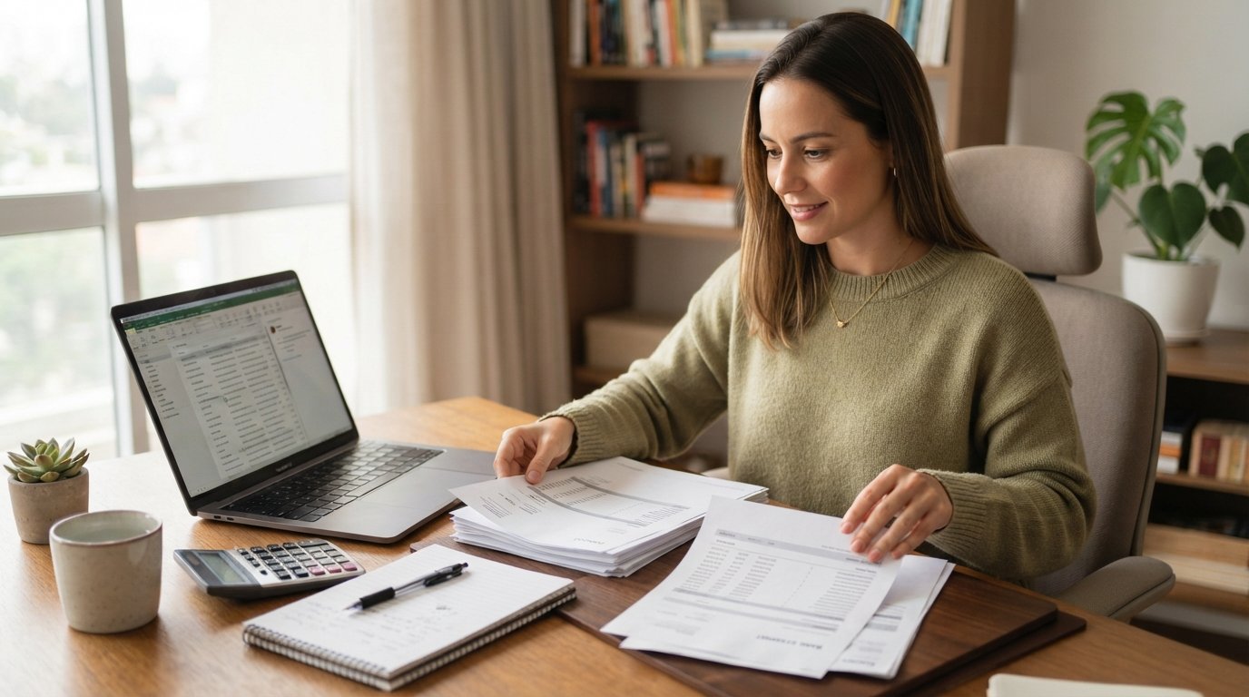 Empreendedora branca organizando notas fiscais e extrato bancário do CNPJ no notebook