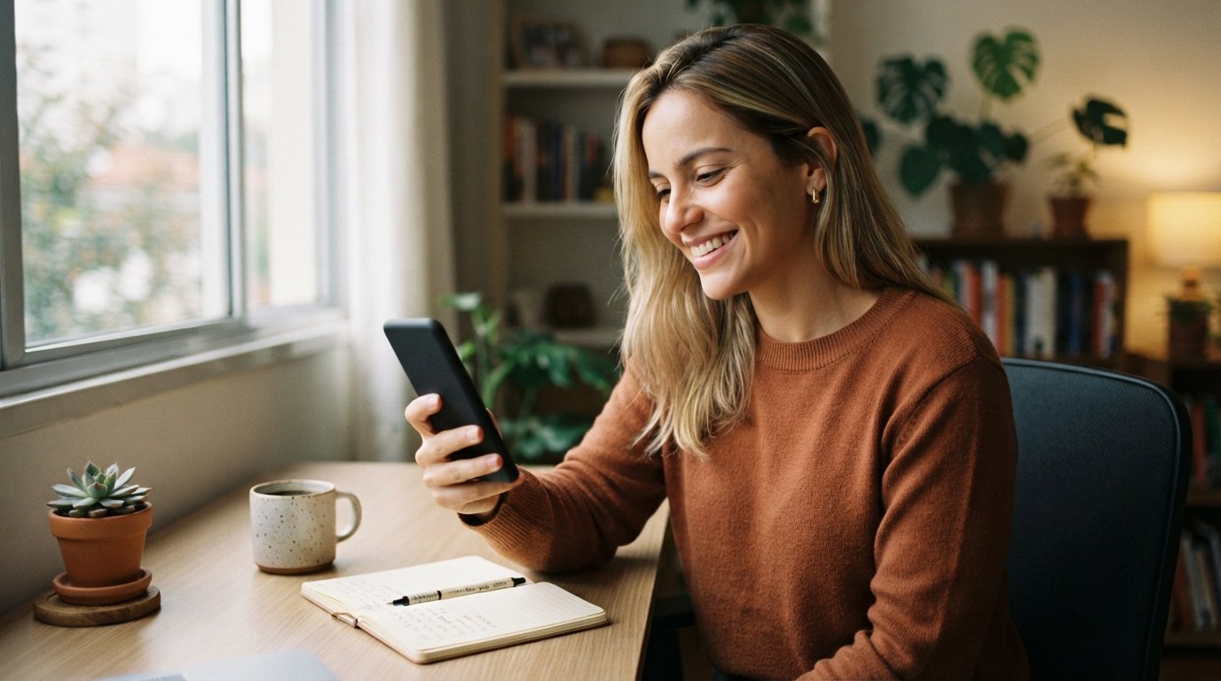 Empreendedora loira de traços latinos sorrindo ao configurar no celular como MEI pode receber por PIX