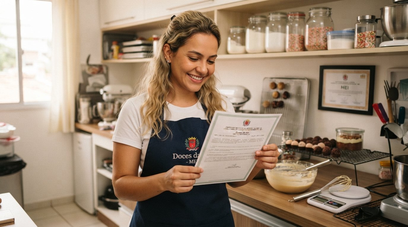 MEI loira com traços latinos recebendo orientação sobre regularização sanitária no balcão do próprio negócio