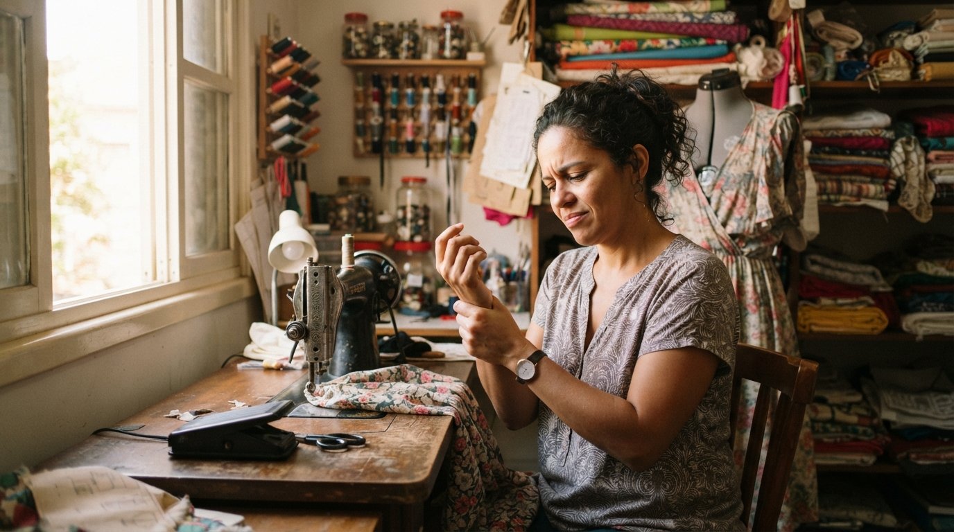 Costureira parda com dor no punho por lesão de esforço repetitivo no ateliê