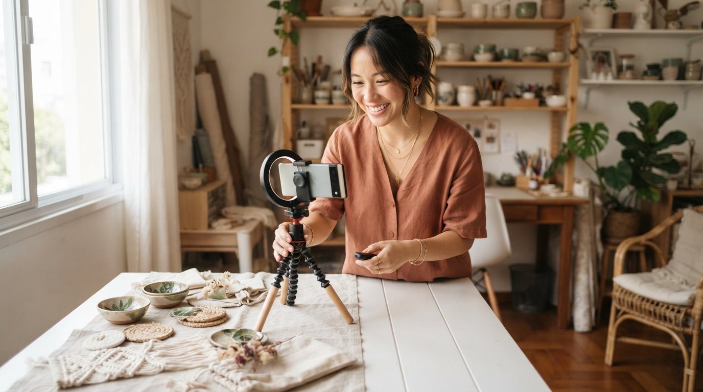 Empreendedora asiática-brasileira mostra como MEI pode vender pelo Instagram fotografando produtos em mesa bem iluminada