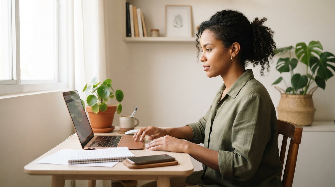 Mulher negativada preenchendo cadastro gratuito no Portal do Empreendedor pelo notebook