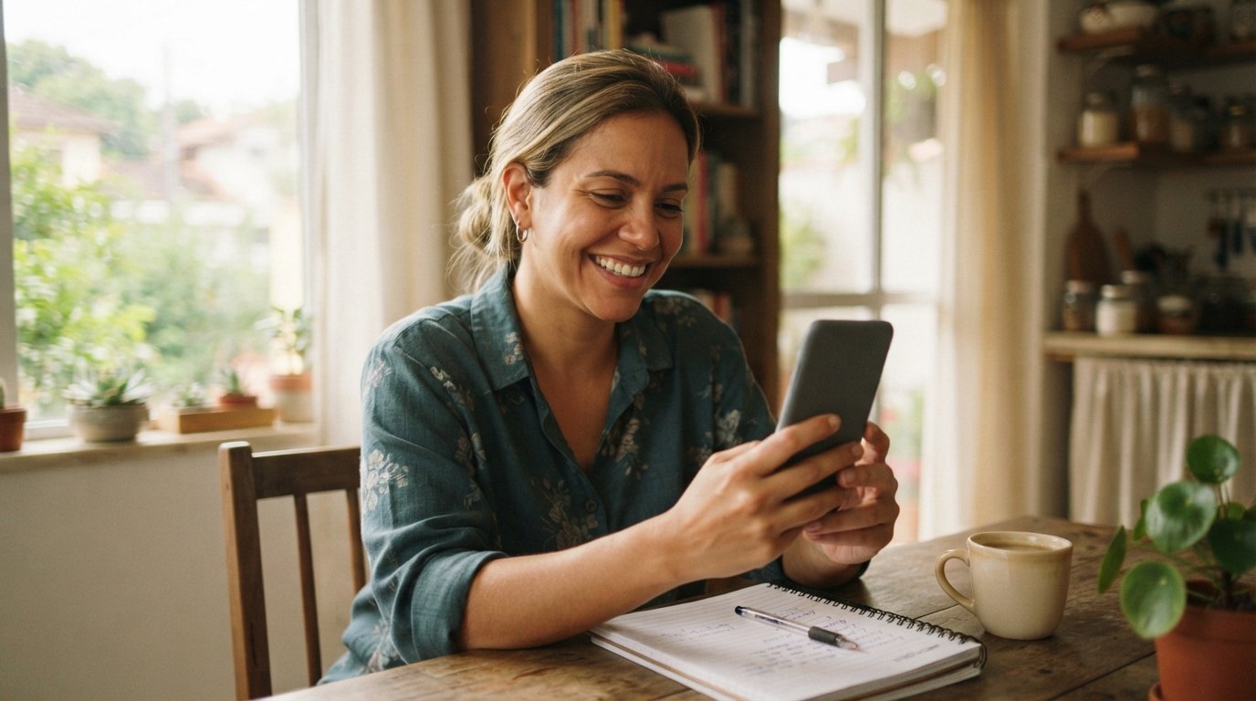 Empreendedora sorrindo ao descobrir que quem tem nome sujo pode abrir MEI pelo celular