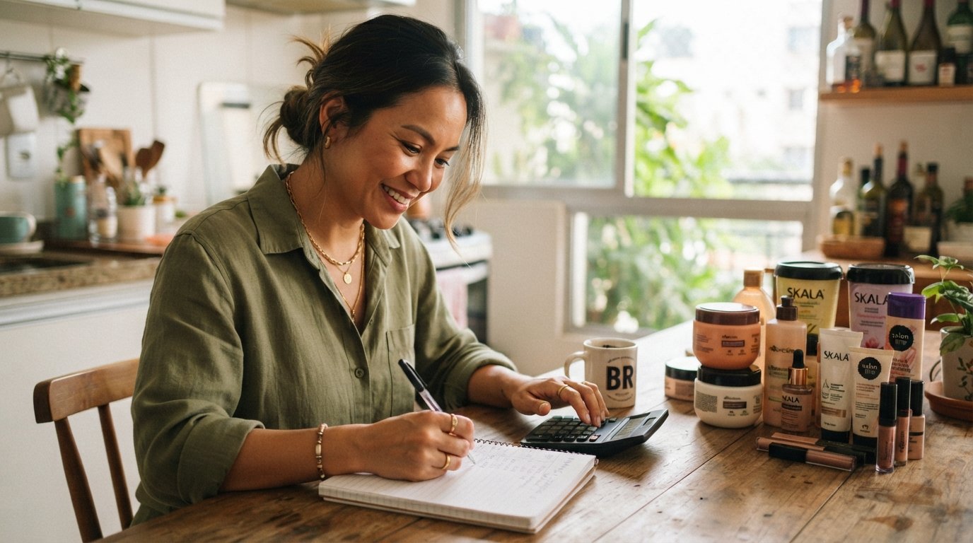Mulher asiática-brasileira sentada à mesa calculando finanças da revenda de catálogo MEI com notebook e produtos ao redor