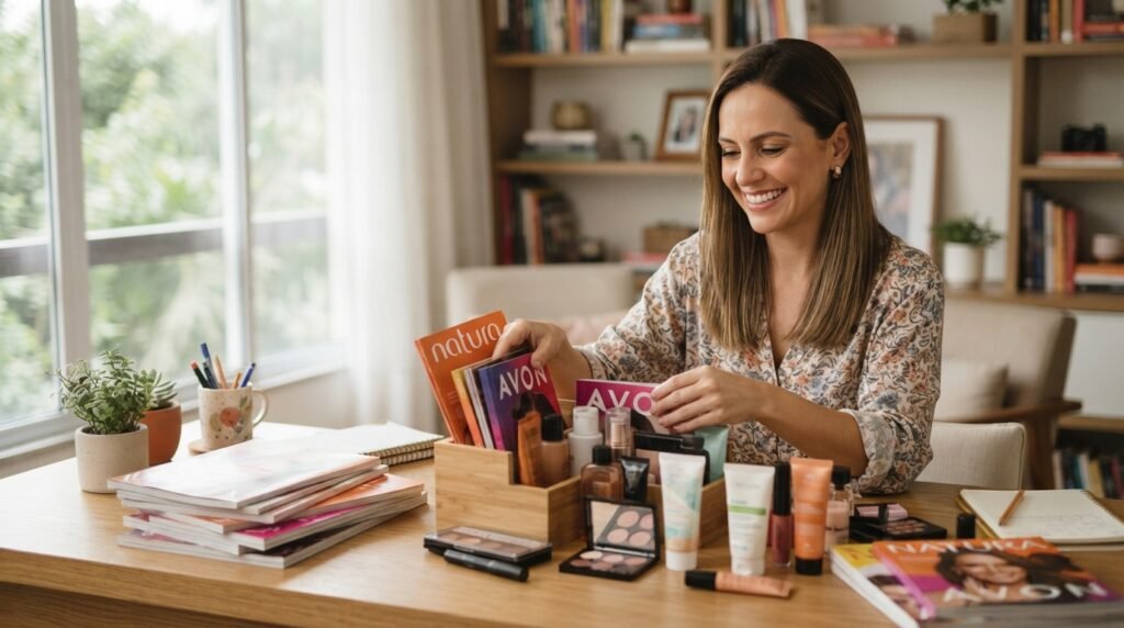 Empreendedora branca de cabelos castanhos sorrindo ao organizar catálogos de cosméticos como revendedora de catálogo MEI