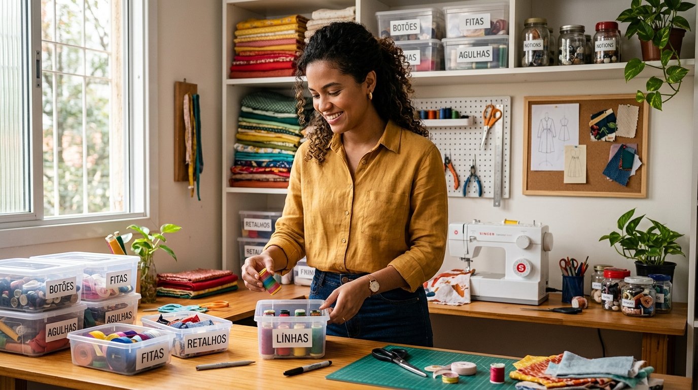 Empreendedora parda no ambiente de trabalho doméstico separando materiais do MEI
