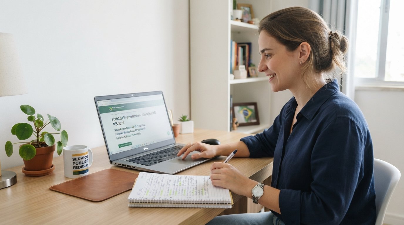Mulher servidora federal pesquisando regras de MEI no notebook em sua sala